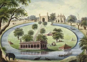 Wikipedia : A painting showing the Sang-i-Dalan, Kala Masjid, the tombs all surrounded by the Motijhil Lake