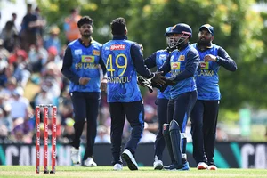 | Photo: Chris Symes/Photosport via AP : NZ Vs SL 3rd T20I: Sri Lanka's Wanindu Hasaranga celebrate withh teammates