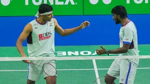 PTI/Manvender Vashist Lav : India's Satwiksairaj Rankireddy and Chirag Shetty in action during a round 16 men's doubles badminton match of the Yonex-Sunrise India Open 2025.