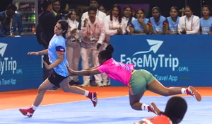 PTI : Players of India, in blue, and South Africa in action during a women's semi-final match of the Kho Kho World Cup 2025, at Indira Gandhi Indoor Stadium, in New Delhi.