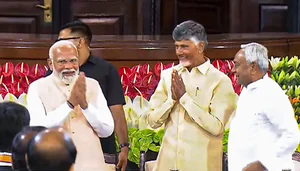 PTI : PM Narendra Modi with TDP chief Chandrababu Naidu and JD(U) chief Nitish Kumar  |