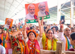 PTI Photo : Jammu: Supporters during a public meeting of Prime Minister Narendra Modi for the ongoing J&K Assembly elections, in Jammu, Saturday, Sept 28, 2024. 
