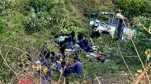 PTI : Rescue work underway after a bus fell into a gorge near Bhimtal, in Nainital district, Uttarakhand, Wednesday, Dec. 25, 2024. Several people suffered injuries. 