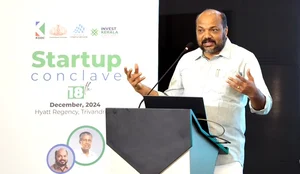 Minister for Industries, Law and Coir Shri P Rajeeve speaking at the Startup Conclave, organised jointly by the Kerala State Industrial Development Corporation (KSIDC) and Kerala Startup Mission (KSUM) in Thiruvananthapuram on Wednesday.