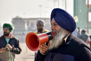 | Photo: PTI/Shiva Sharma : Protesting farmers at Shambhu border