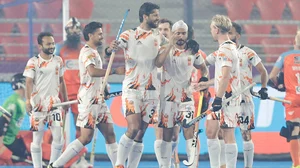 Photo: Hockey India : Shrachi Rarh Bengal Tigers celebrate a goal during their match against Delhi SG Pipers in the Hockey India League.