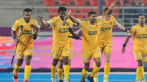 Photo: Hockey India : Tamil Nadu Dragons celebrate a goal during their Hockey India League match against UP Rudras.