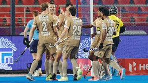 Photo: Hockey India : Tamil Nadu Dragons rejoice after scoring a goal against Team Gonasika in the Hockey India League.