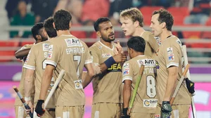 Hockey India : Tamil Nadu Dragons rejoice after scoring a goal against Team Gonasika in the Hockey India League.