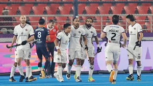 Photo: Hockey India : Hyderabad Toofans celebrate a goal against UP Rudras in the Hockey India League.