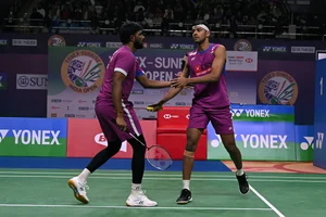 Special Arrangement : Satwiksairaj Ranikireddy and Chirag Shetty in action Day 5 at Yonex Sunrise India Open 2025 (1)