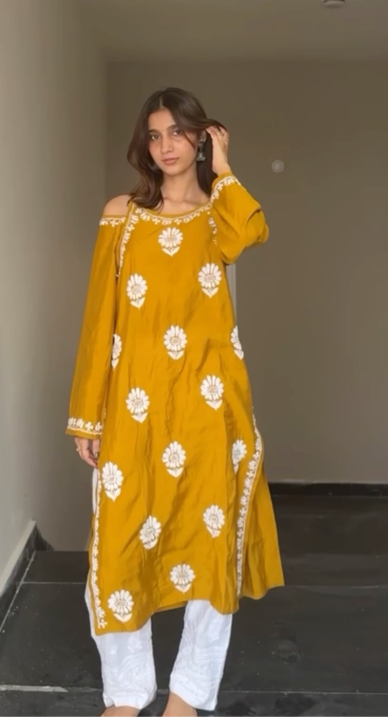 Himani in Saba Chikankari Long Kurta Shoulder Cut In Muslin - Mustard