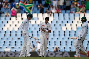 | Photo: AP/Themba Hadebe : SA vs PAK 1st test Day 4: South Africa's Marco Jansen celebrates after scoring the winning runs