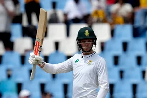 | Photo: AP/Themba Hadebe : SA vs PAK 1st Test Day 2: South Africa's Corbin Bosch celebrates half century 