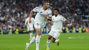 | Photo: AP/Bernat Armangue : La liga 2024-25: Real Madrid's Kylian Mbappe, left, celebrates after scoring his side's second goal