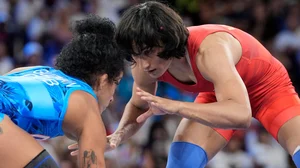 (AP Photo/Eugene Hoshiko)
 : India's Vinesh Phogat (right) in action at the 2024 Summer Olympics.