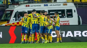 FDSL : Kerala Blasters celebrate a goal against Mohammedan SC in Kochi.