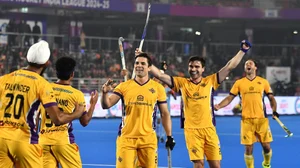 Photo: Hockey India : Hyderabad Toofans celebrate after scoring a goal against Delhi SG Pipers in their Hockey India League match in Rourkela.