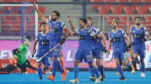 Hockey India : Harmanpreet Singh celebrates with teammates after scoring for Soorma Hockey Club against Delhi SG Pipers in Hockey India League.