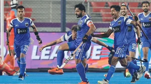 Hockey India : Harmanpreet Singh celebrates with teammates after scoring for Soorma Hockey Club against Delhi SG Pipers in Hockey India League.