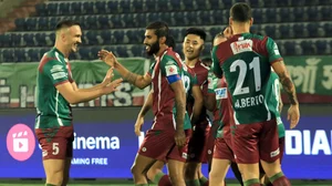 Photo: ISL/FSDL : Mohun Bagan celebrate Jamie MacLaren's goal against East Bengal in the Indian Super League.