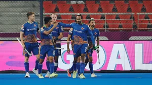 Hockey India : Kalinga Lancers celebrate a goal against Delhi SG Pipers in the Hockey India League.