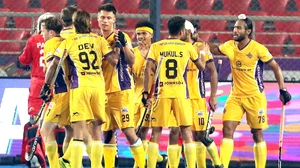 Hockey India : Hyderabad Toofans in action at the Hockey India League.