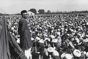 Photo: Getty Images : Sheikh Abdullah at a prayer meeting in Srinagar’s Gandhi Park in 1949