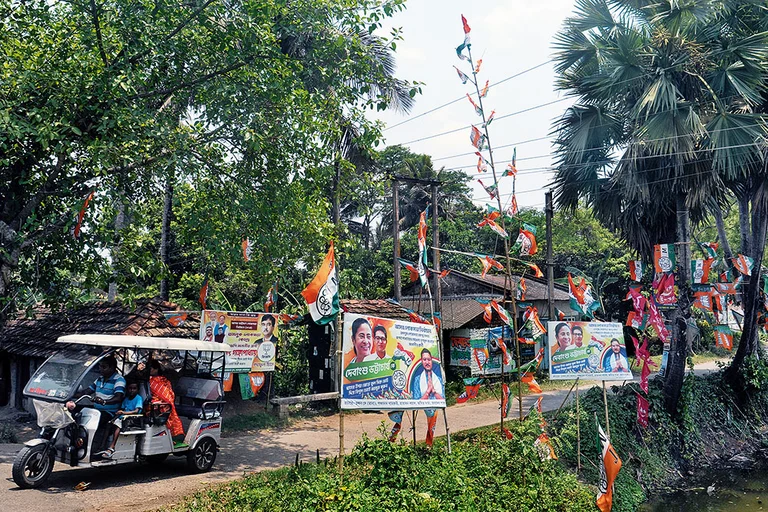 Triangular Contest: Nandigram’s streets are adorned with banners and flags of the three parties -  Photo: Sandipan Chatterjee