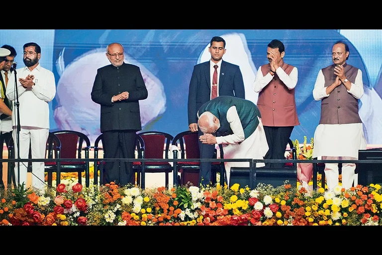 Sweeping Victory: Prime Minister Narendra Modi with Maharashtra Chief Minister Devendra Fadnavis and Deputy Chief Ministers Eknath Shinde and Ajit Pawar during the swearing-in ceremony in Mumbai on December 5, 2024 - | Photo: PTI