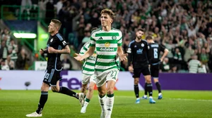 Arne Engels celebrates his spot-kick finish at Celtic Park on Wednesday