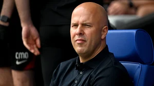 Arne Slot looks on during Liverpool's win at Portman Road.