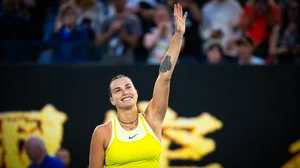 Aryna Sabalenka celebrates her win over Sloane Stephens