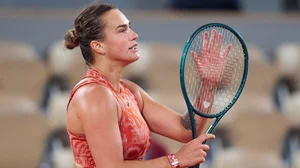 Aryna Sabalenka celebrates her R2 win at the French Open.