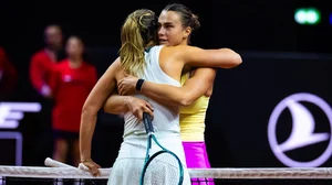 Aryna Sabalenka (right) and Paula Badosa embrace after their clash in Stuttgart earlier this year.