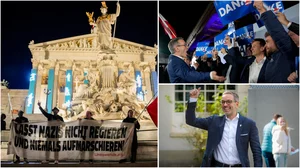 | Photo: AP : L: Protests against far-right win in Austria | R: Hebert Kickl celebrates FPO's win  