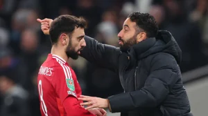 Bruno Fernandes and Ruben Amorim during Manchester United's EFL Cup clash against Tottenham