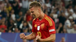 Dani Olmo celebrates his strike against France on Tuesday