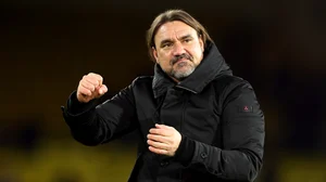 Daniel Farke pumps his fists to the Elland Road crowd after Wednesday's win