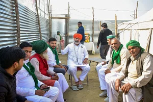 | Photo: PTI : Rakesh Tikait in Prayagraj