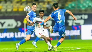 ISL : Action from the Indian Super League match between Kerala Blasters and NorthEast United FC.