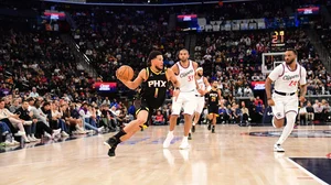 Devin Booker #1 of the Phoenix Suns dribbles the ball during the game against the LA Clippers on October 31, 2024 at Intuit Dome in Los Angeles, California.