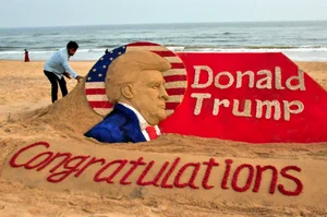 PTI : Sand artist Sudarsan Pattnaik creates a sand sculpture to congratulate Donald Trump for winning the US presidential election, at Puri beach in Odisha, Wednesday, Nov. 6, 2024