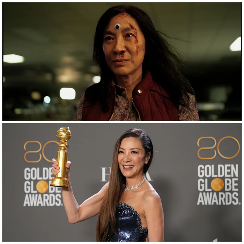 Michelle Yeoh in Everything Everywhere All At Once and at the Golden Globes Awards, 2023.