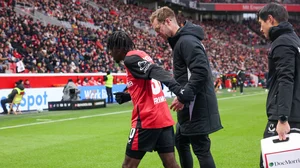 Bayer Leverkusen's Jeremie Frimpong went off injured against Heidenheim