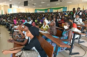 (Photo by Manuel Medir/Getty Images) : Students attend the teacher's lesson at the town's high school on November 17, 2023, in Balltilaye, Senegal