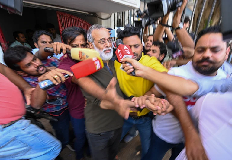 Delhi Police Special cell detained Founder and Editor-in-Chief of NewsClick Prabir Purkayastha from his office on October 3, 2023 in New Delhi. - Getty Images