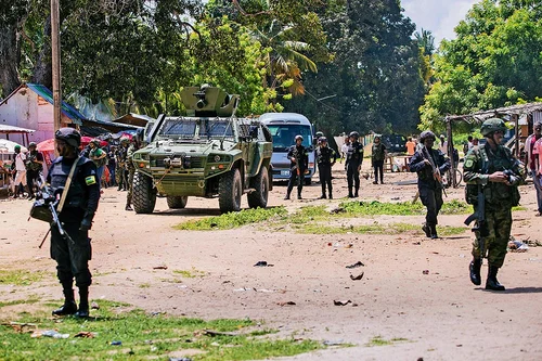 | Photo: Getty Images : Rwanda’s Military Support to Mozambique Continues Rwandan Counter-Terrorism Special Units and Mozambique police patrol 
the streets in the town of Palma