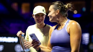 Sabalenka (right) is aiming to match Swiatek by winning three straight titles at the same major