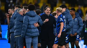 Inter celebrate their win over Atalanta